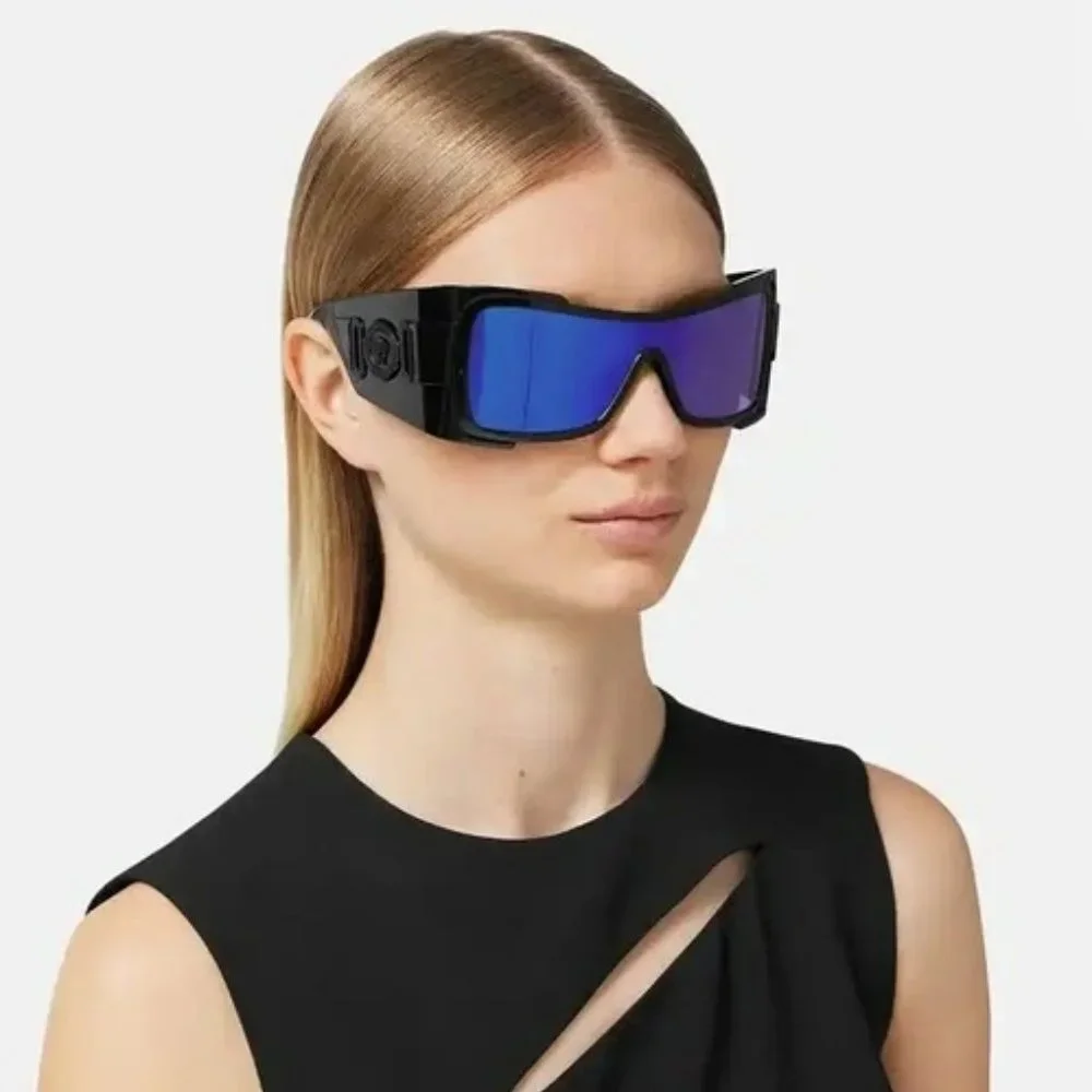 Versace VE4451 GB1/55 Sunglasses Black Grey Mirrored Blue Wraparound Unisex